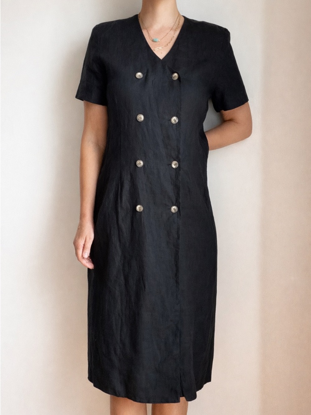 Simons Vintage Contemoraine Black Midi 100% Linen Dress Size 12 Double Buttons